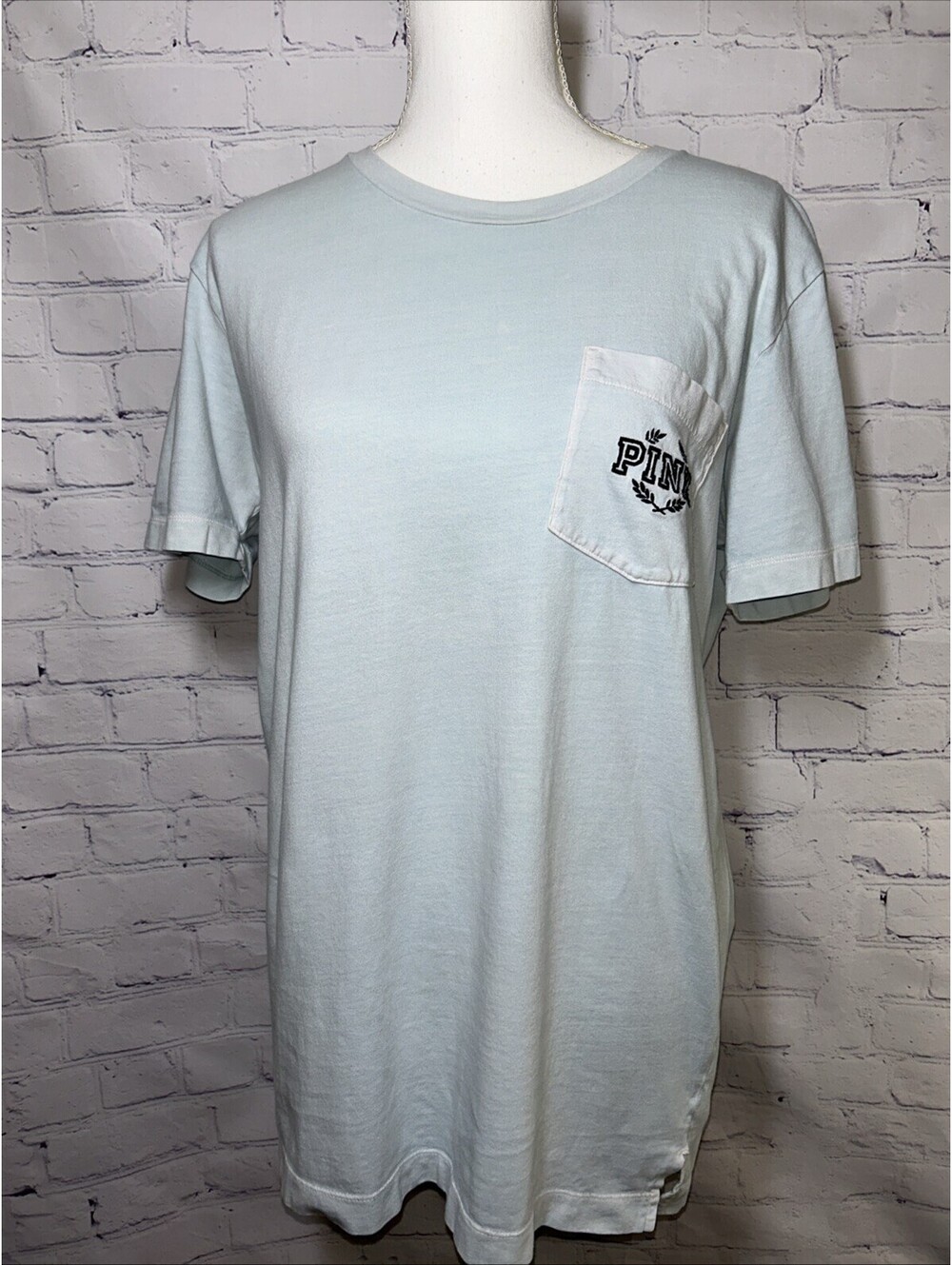 Victoria’s Secret PINK T Shirt Small Baby Blue Garment Wash Pocket Logo Cotton
